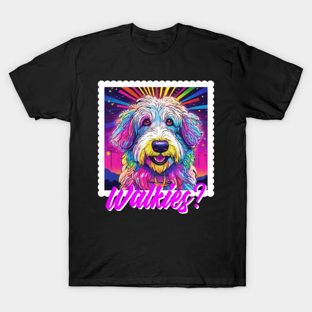 Old English Sheepdog Walkies Bright Rainbow Puppy Mama T-Shirt by vintageinspired